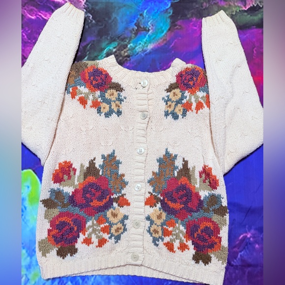 Casual Corner Sweaters - Vintage Casual Corner Cream Cardigan with Pink & Orange Floral Intarsia